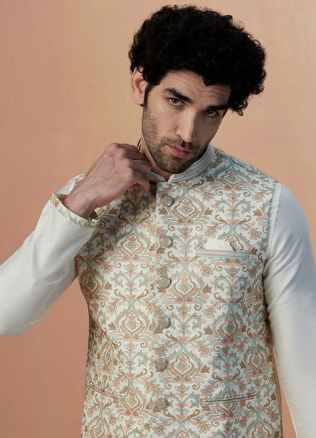 alt message - Manyavar Men Light Cream Self Design Kurta Jacket Set image number 0